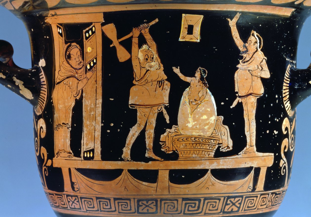 Rödfigurs klockkrater: detalj av dekoration som visar en scen från en pjäs, apulisk keramikdetalj av 85027 av Dijon Painter