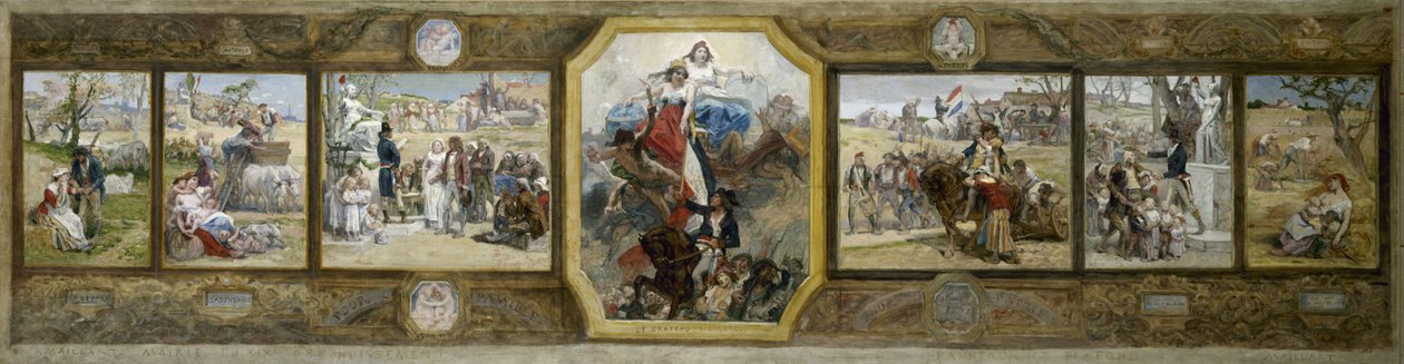 Skiss till vigselrummet i stadshuset i 19:e arrondissementet i Paris: Den trikolorerade flaggan, republikanska allegorier av Diogene Ulysse Napoleon Maillart