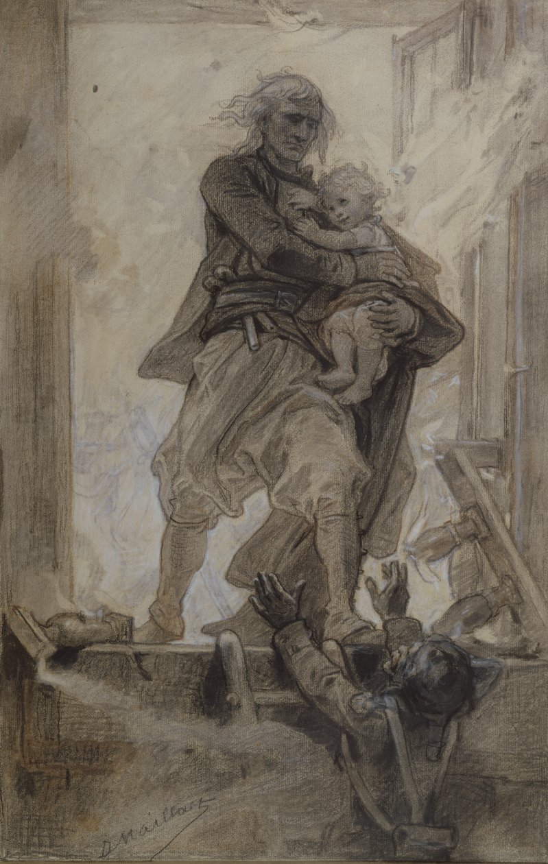 Markisen av Lantenac räddar ett barn, illustration från Quatre-vingt-treize av Victor Hugo (1802-85) (penna, krita och gouache på papper) av Diogene Ulysse Napoleon Maillart