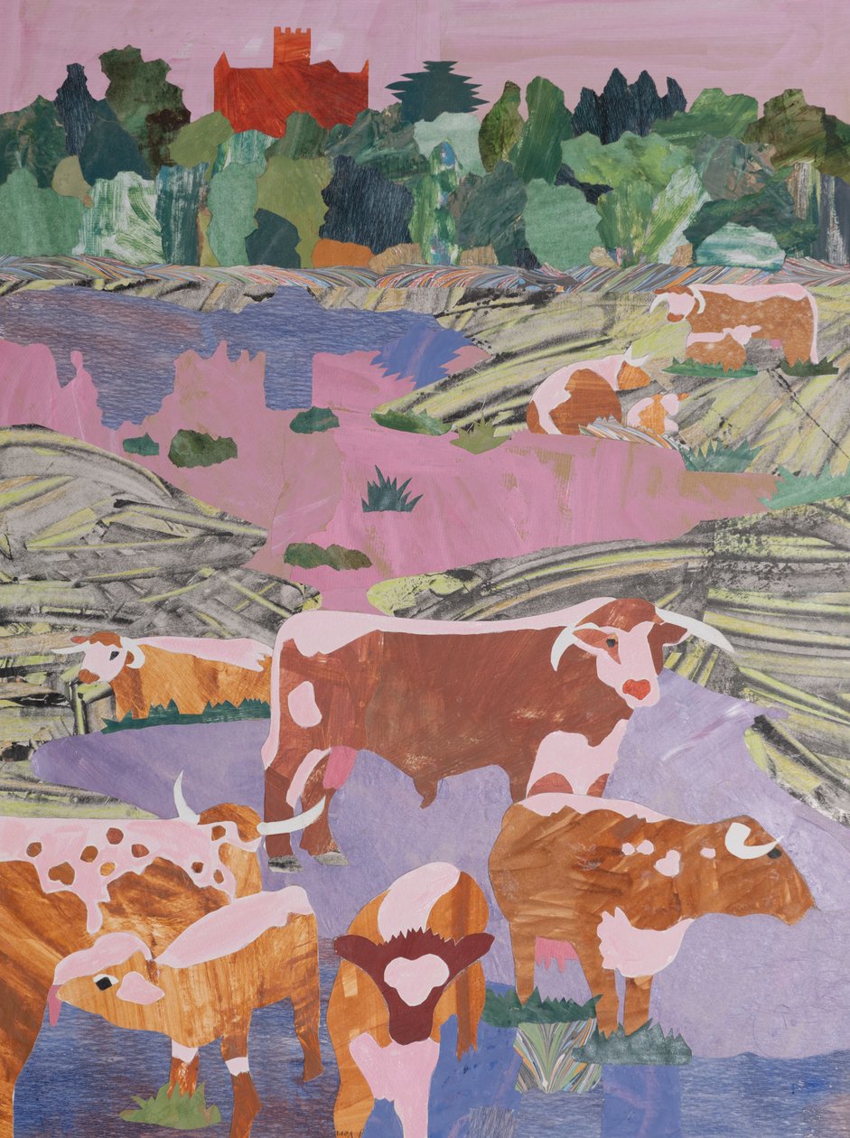 Longhorns i lugn och ro (collage) av Dione Verulam