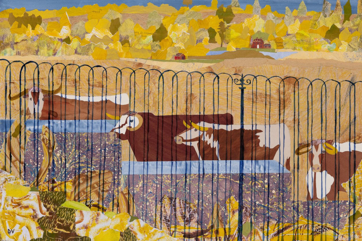 Törstiga långhorn, varm sommar (collage) av Dione Verulam