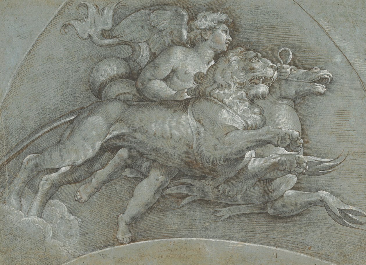 En bevingad Putto som rider på en havshäst och ett lejon efter Raphael, verso..., 1574. av Dionisio Calvaert