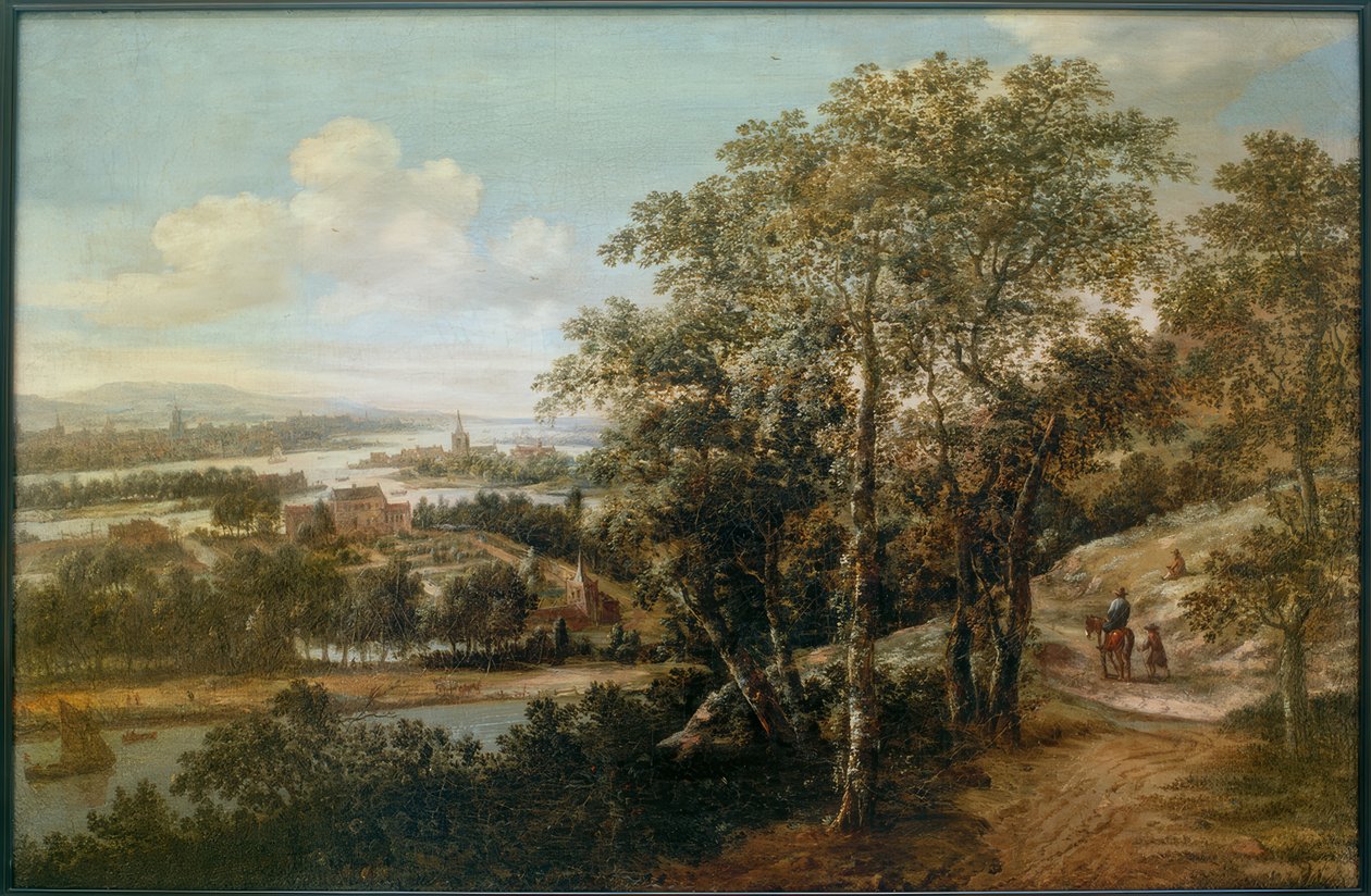 Brett flodlandskap med en ryttare och andra figurer i förgrunden av Dionys Verburg