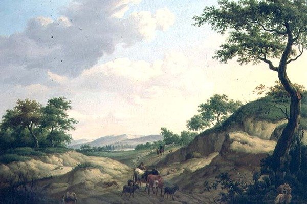 Ett skogslandskap med herdar och djur på en klippa av Dionys van Dongen