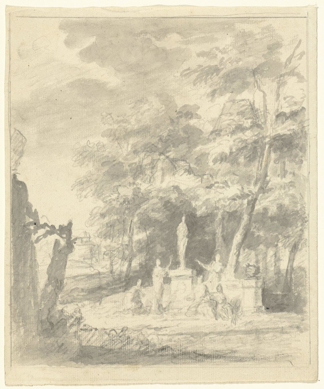 Arkadiskt landskap med figurer runt en staty av Dionys van Nijmegen (possibly)