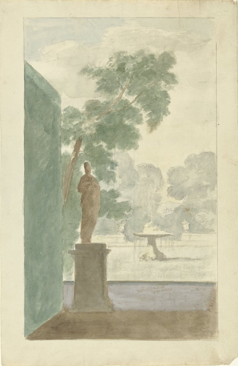 Design för en väggdekoration i en hall: Utsikt över en trädgård med staty, fontän och urnor av Dionys van Nijmegen (possibly)