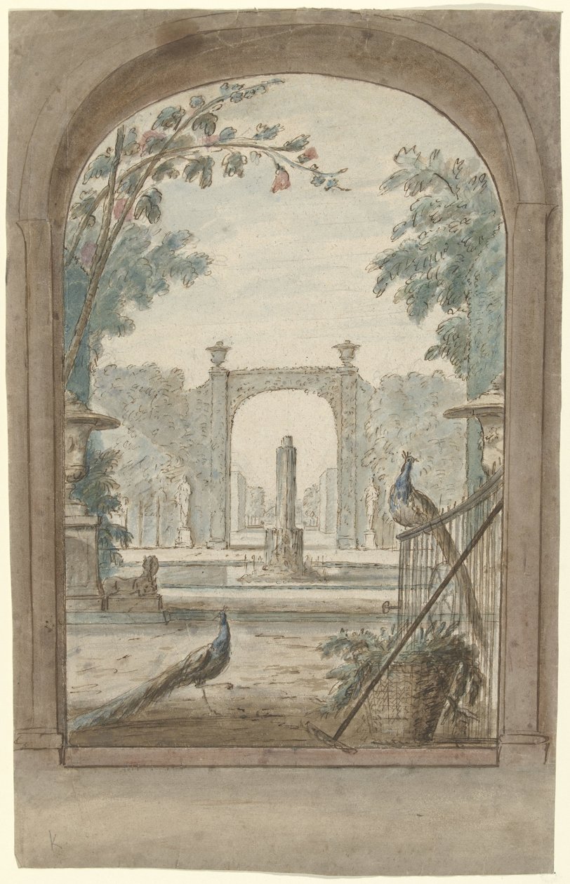 Design för en rumsmålning med utsikt genom ett staket på en trädgård, påfåglar och trädgårdsredskap av Dionys van Nijmegen (possibly)