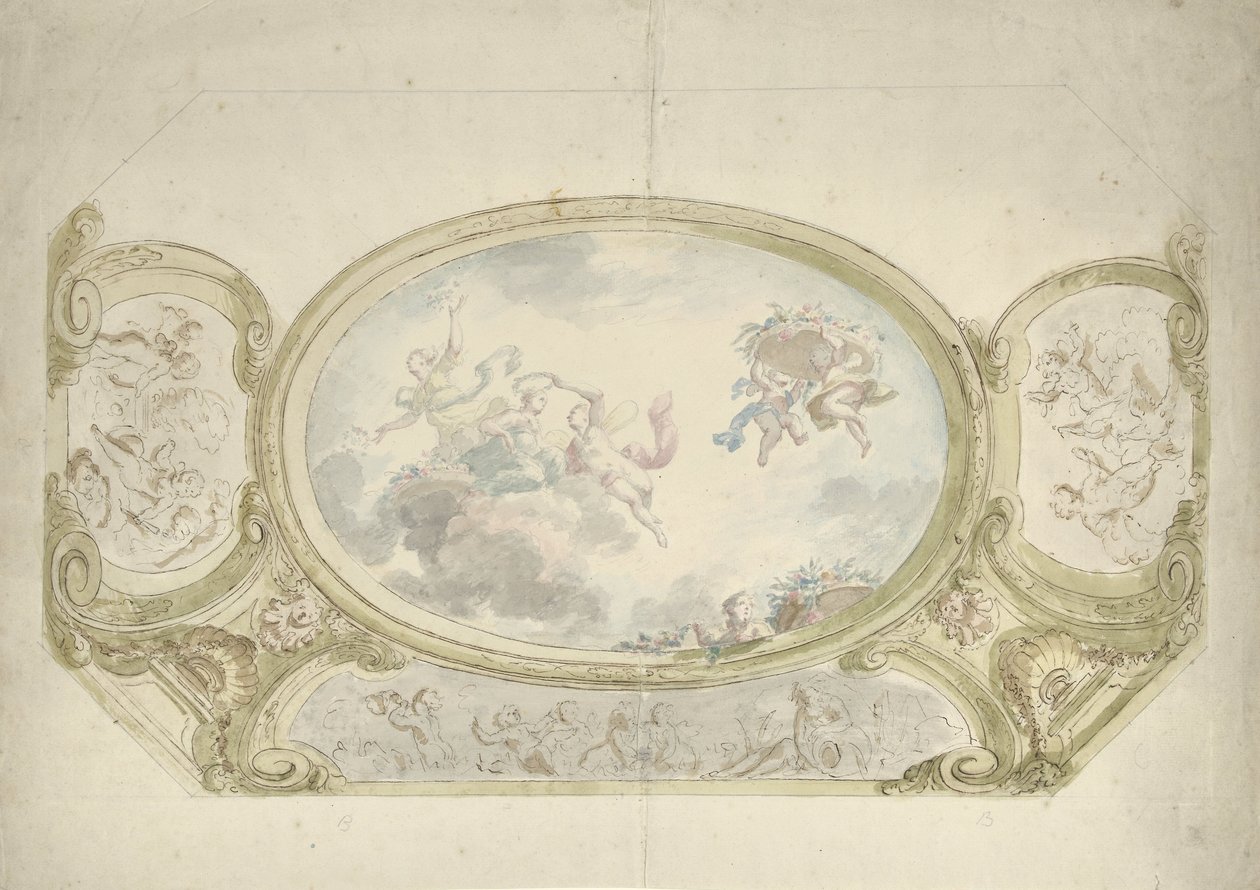 Design för en takmålning: oval med allegorisk representation, omgiven av scener med putti av Dionys van Nijmegen (possibly)