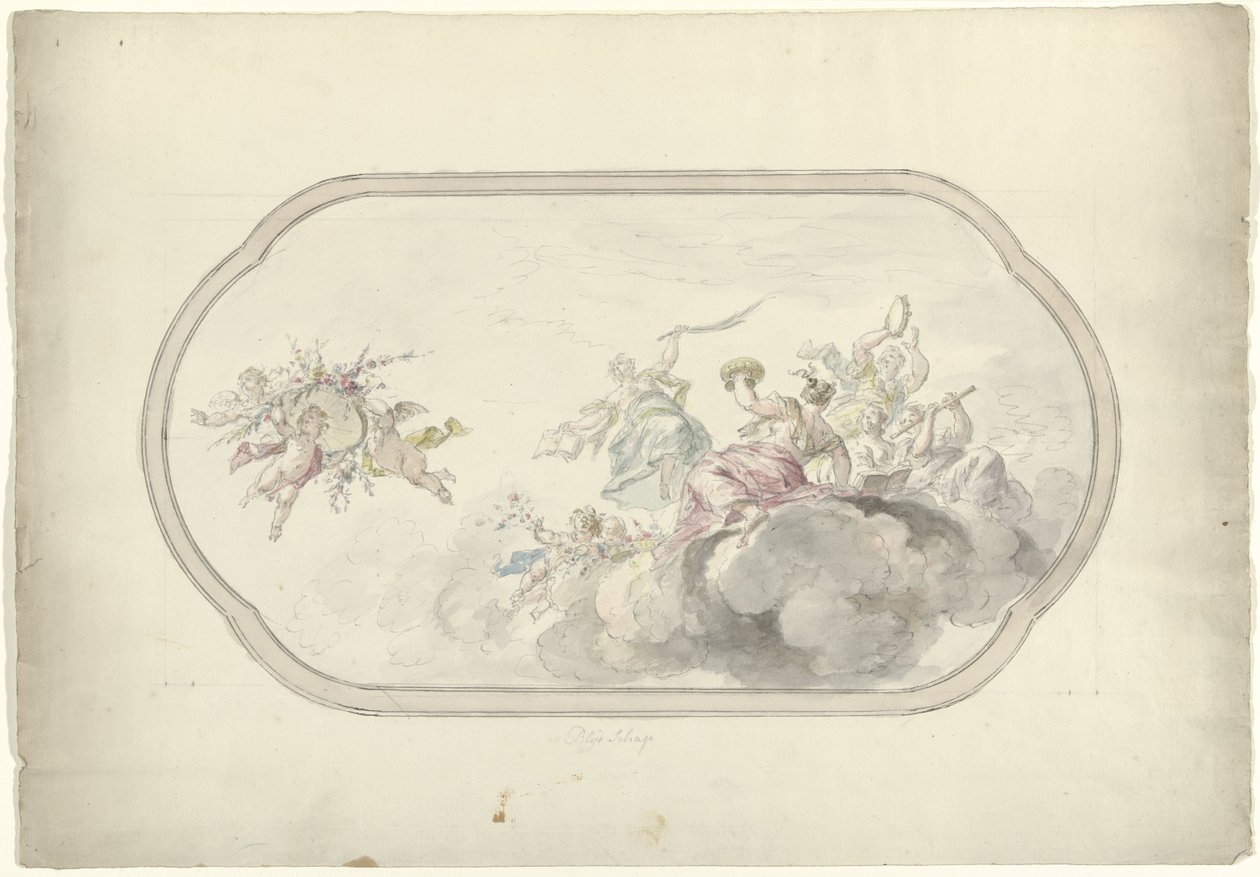 Design för en takmålning med musikskapande kvinnor och putti med en blomsterkorg som allegori på Blijdschap av Dionys van Nijmegen