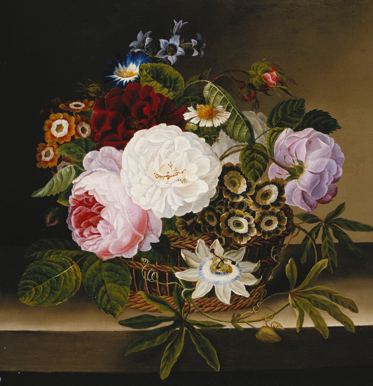 Rosor och andra blommor i en korg på en avsats av Dionys van Nijmegen