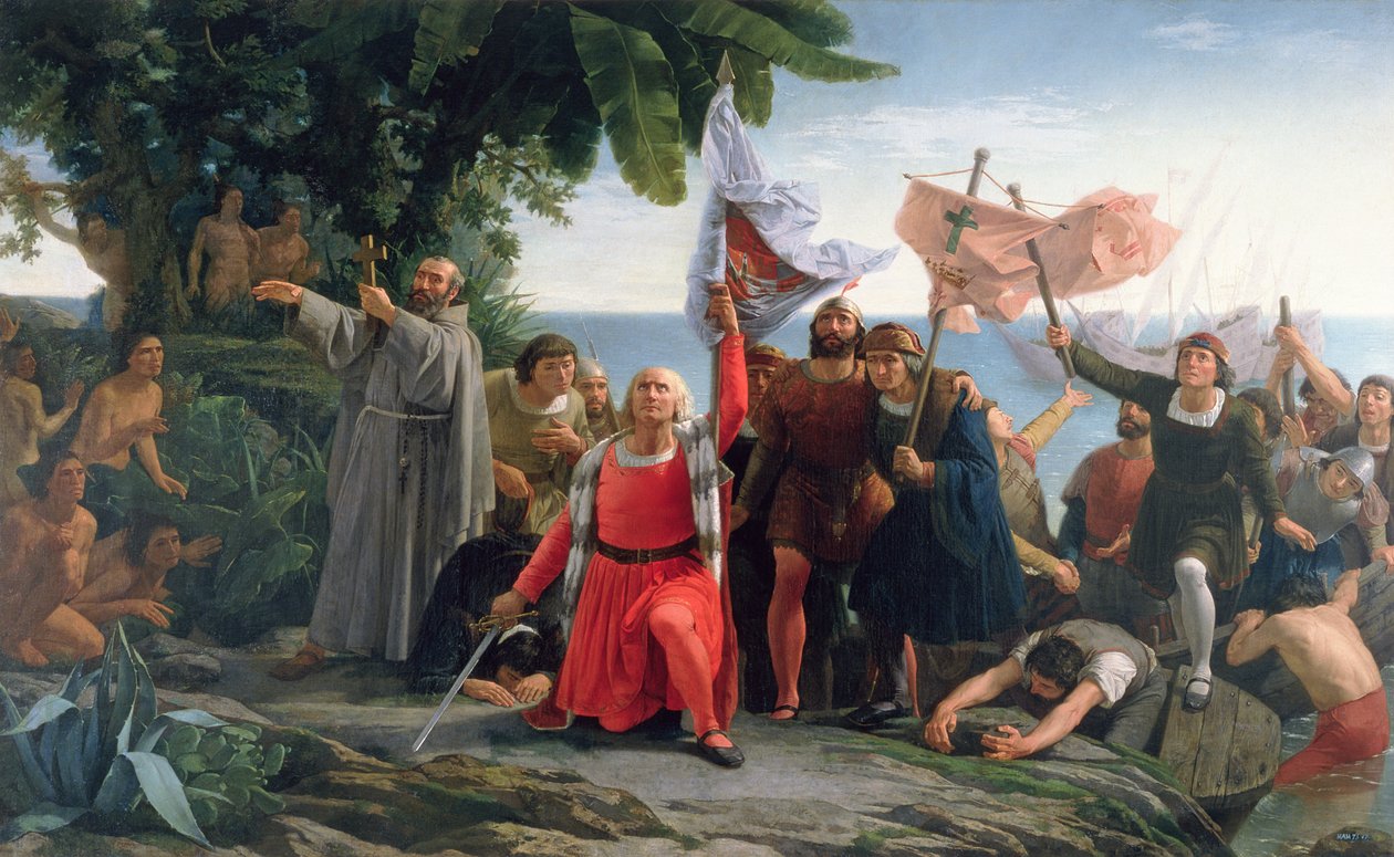 Christopher Columbus (1450-1506) första landstigning i Amerika, 1862 av Dioscoro Teofilo Puebla Tolin