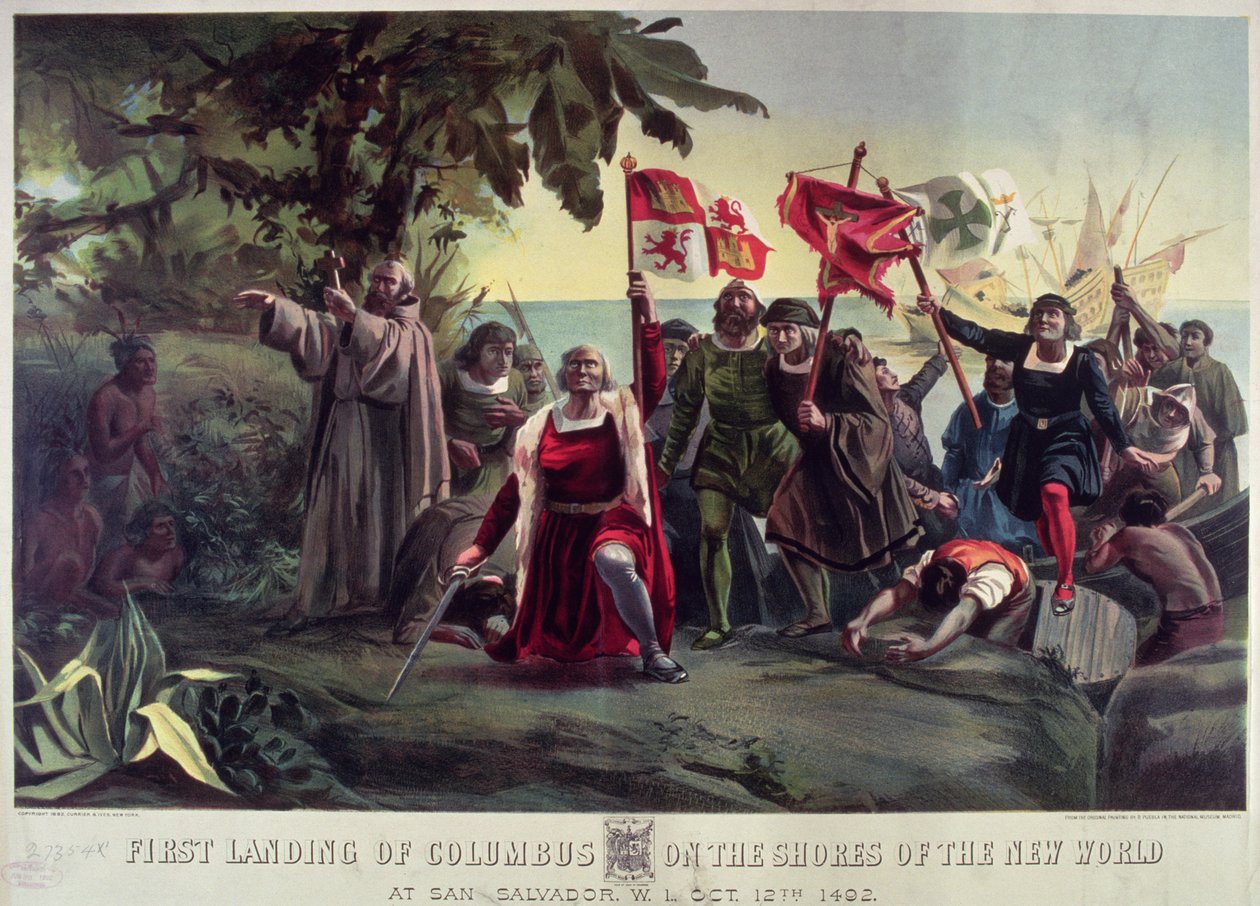 Columbus första landning på den nya världens stränder i San Salvador, 12 oktober 1492, pub. av Currier och Ives av Dioscoro Teofilo Puebla Tolin