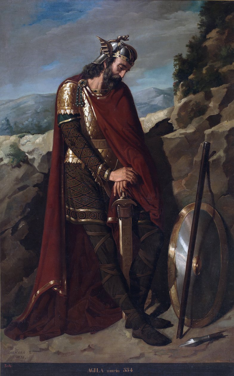 Porträtt av den västgotiska kungen Agila I av Spanien (d. 555) (Visigotiska kungen Agila eller Achila, Akhila, Aquila, Agil I) Målning av Dioscoro Teofilo Puebla Tolin (1831-1901) 1856 Domstolspalatset, Madrid av Dioscoro Teofilo Puebla Tolin