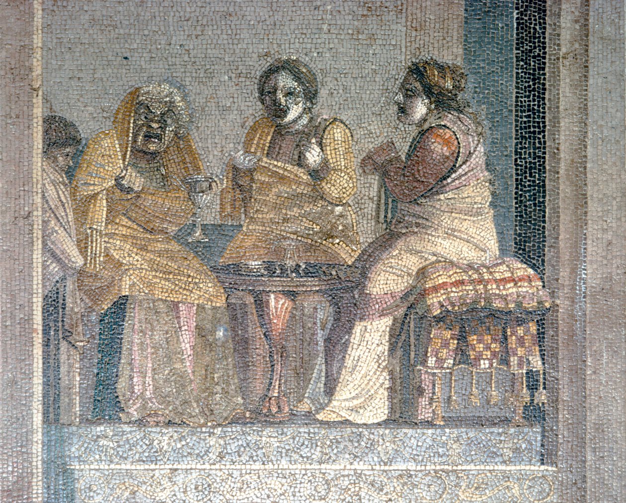 Romersk mosaik av scen från lek med maskerade skådespelare, Villa of Cicero, Pompeji, c2:a århundradet f.Kr. av Dioscurides of Samos