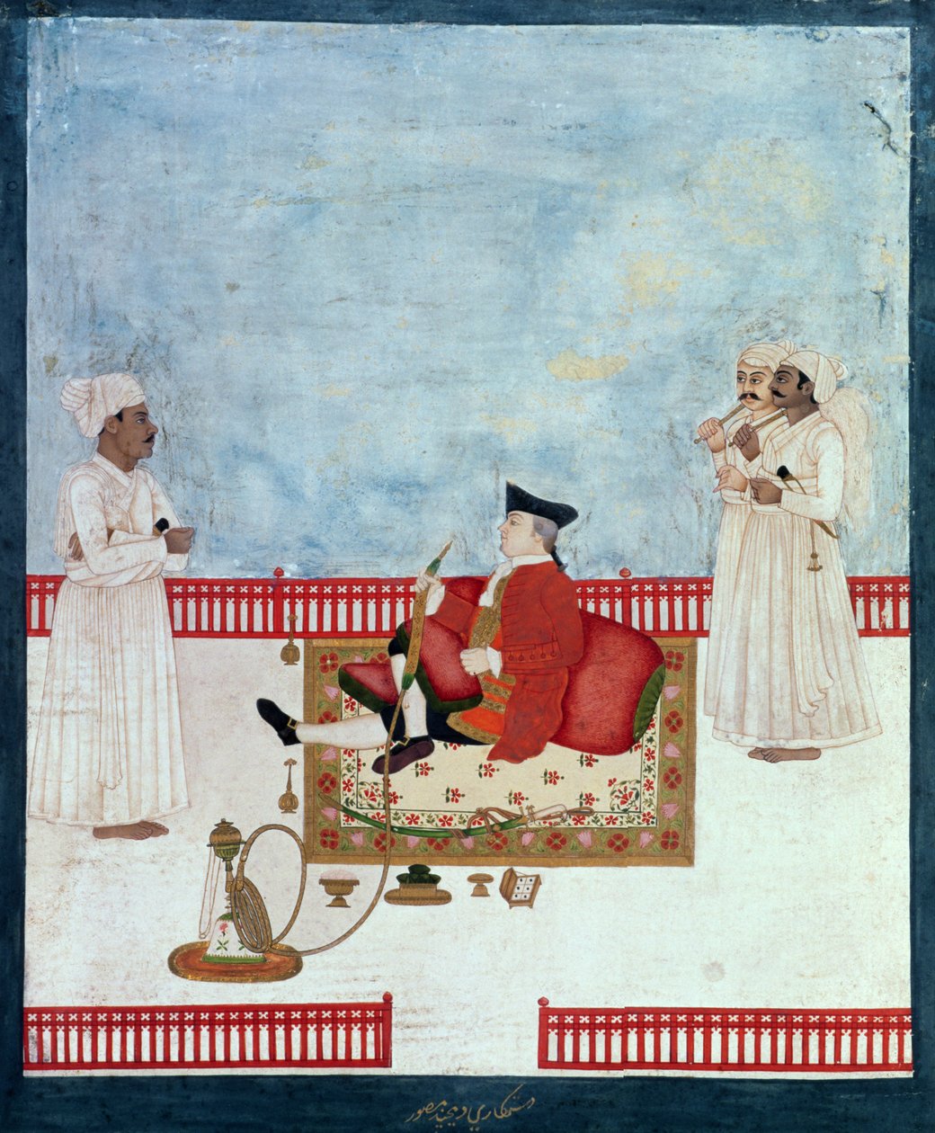 En europæisk siddende på en terrasse med ledsagere, ca. 1760-63 (indisk miniature) Sverige av Dip Chand