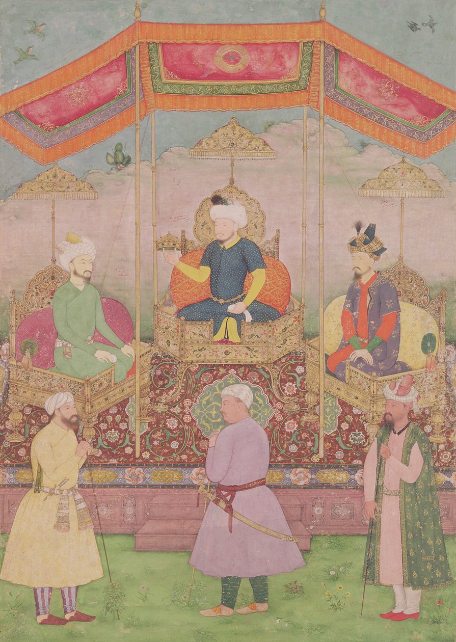 Mughal-kejsaren Babur och hans son, Humayan, indisk miniatyr från Rajasthan, 1500-talet av Dip Chand