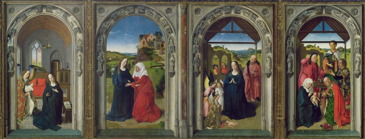 Triptyk som visar bebådelsen, besöket, änglarnas tillbedjan och männens tillbedjan, ca 1445 (tempera på panelen) av Dirck Bouts