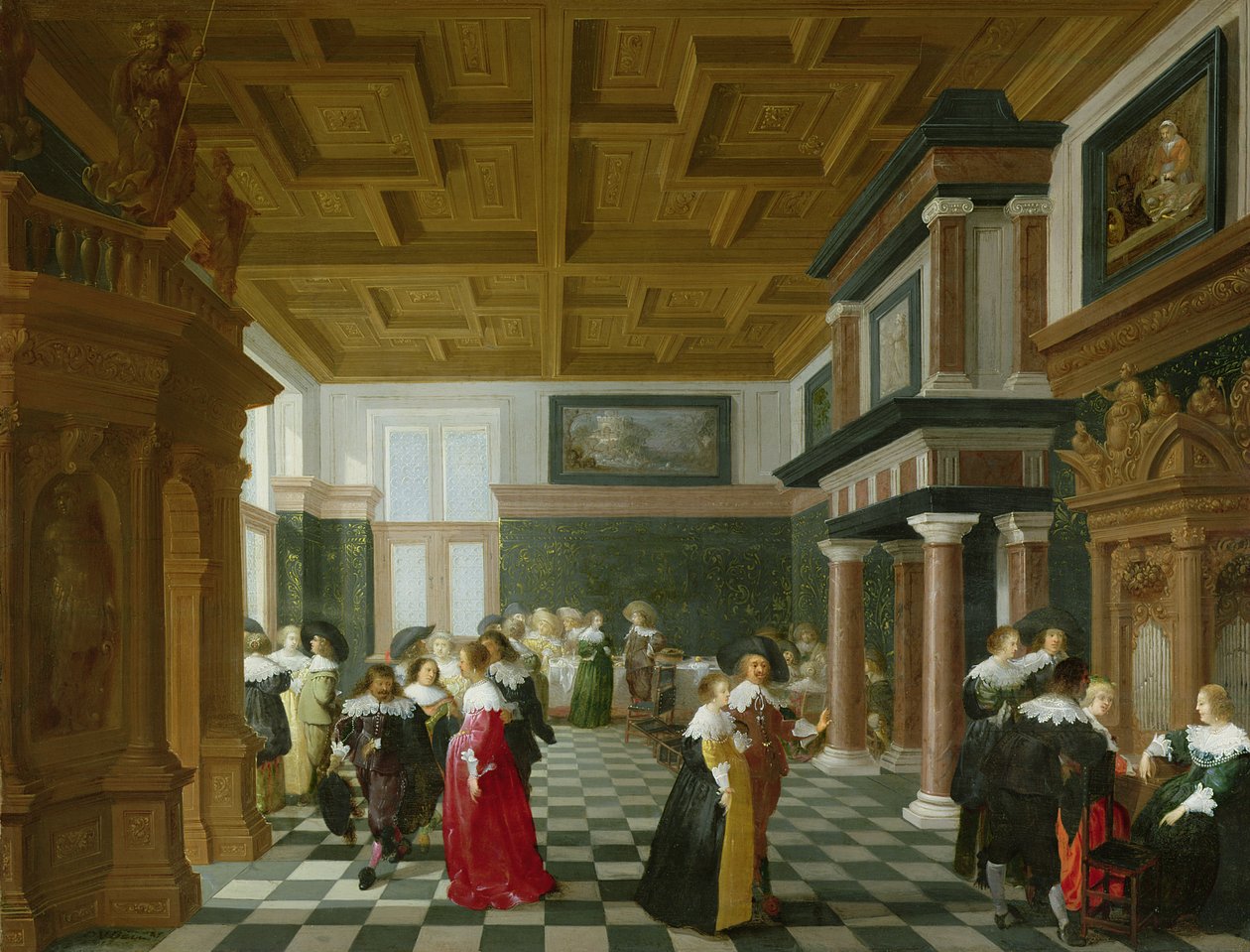 Eleganta figurer som dansar i en interiör av Dirck van Delen