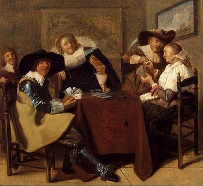 En elegant kortfest (olja på panel) av Dirck (attr. to) Hals