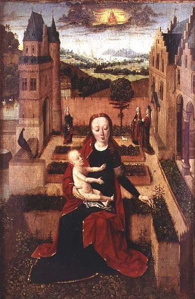 Madonna och barn sitter på en vägg av Dirck (circle of) Bouts