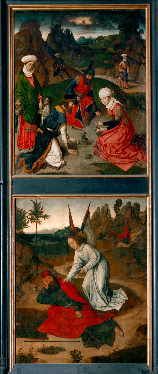 Nattvardsaltaret, höger flygel: överst: mannainsamlingen i öknen nederst: ängeln väcker profeten Elia (målning på trä) av Dirck Bouts