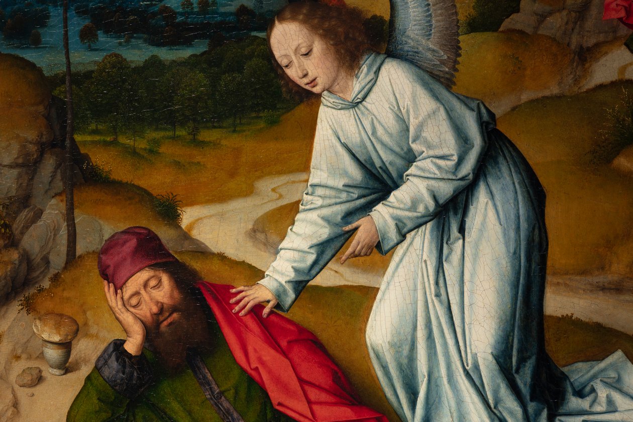 Församlingskyrka (Parochiekerk Sint-Pieter). Målning. Sista måltiden. Dirk Bouts. 1464-1468. Detalj. Höger panel. av Dirck Bouts