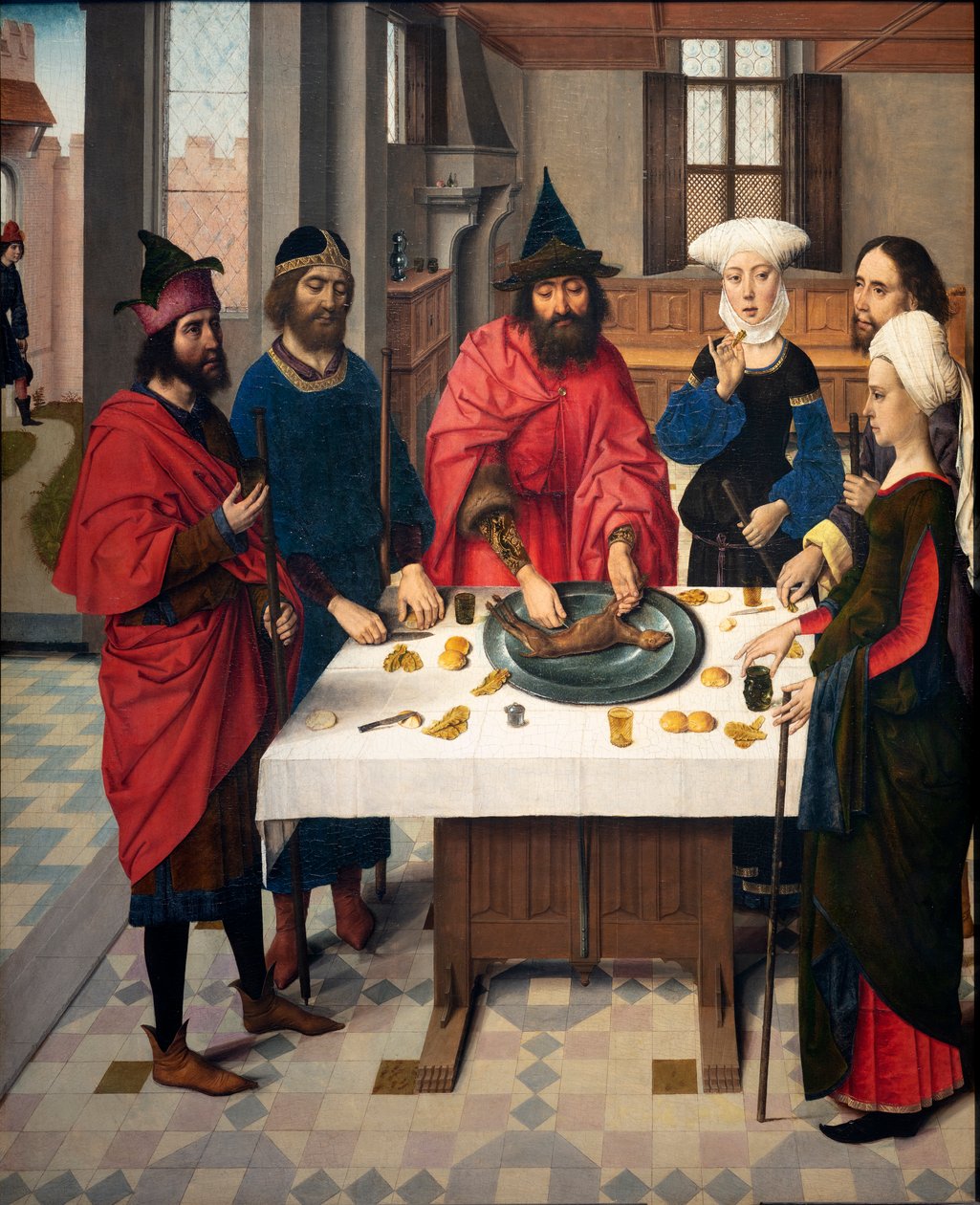 Församlingskyrka (Parochiekerk Sint-Pieter). Målning. Sista måltiden. Dirk Bouts. 1464-1468. Detalj. Vänster panel. av Dirck Bouts