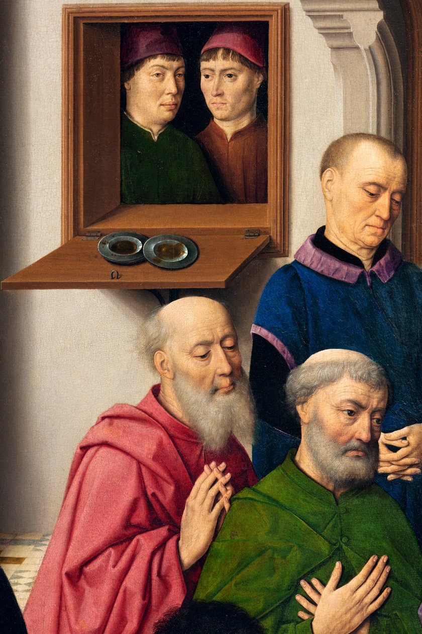 Församlingskyrka (Sankt Peters församlingskyrka). målning. Sista måltiden. Dirk Bouts. 1464-1468. Detalj. central panel. av Dirck Bouts