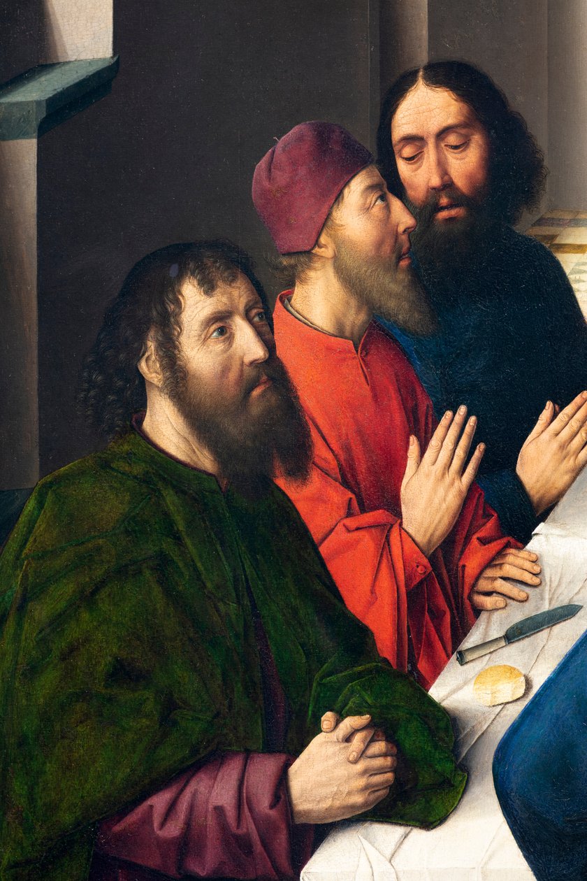 Församlingskyrka (Sankt Peters församlingskyrka). målning. Sista måltiden. Dirk Bouts. 1464-1468. Detalj. central panel. av Dirck Bouts