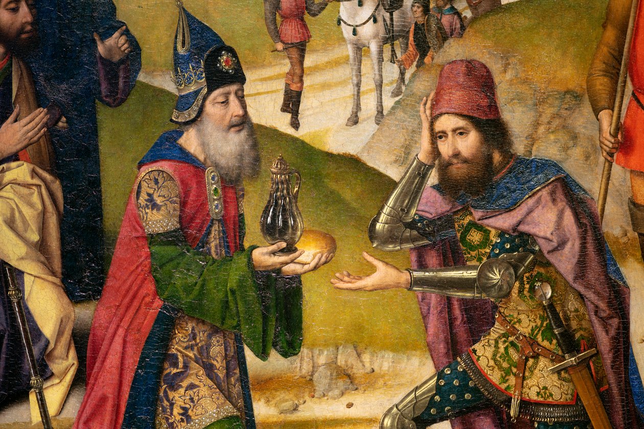 Församlingskyrka (Sankt Peters församlingskyrka). Målning. Sista måltiden. Dirk Bolts. 1464-1468. Detalj. Vänster panel. av Dirck Bouts