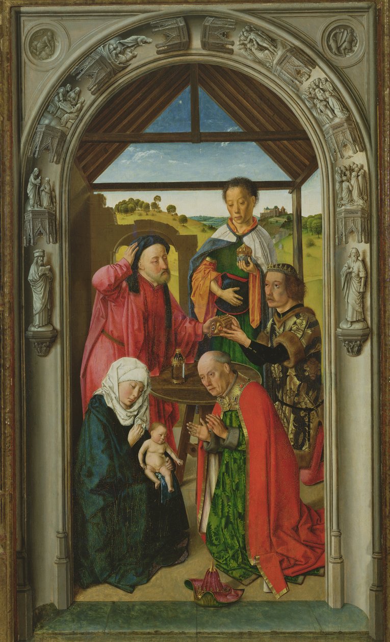 The Adoration of the Magi, c.1445 olja på paneldetalj av 36895 av Dirck Bouts