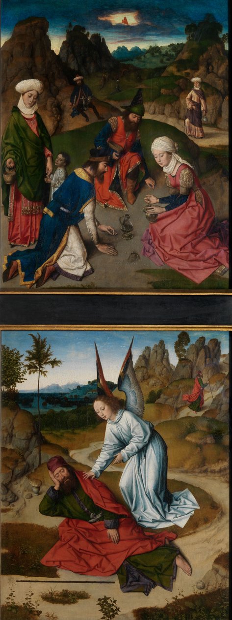 The Gathering of the Manna and Eliah in the Desert, från det heliga sakramentets altartavla, ca 1464-68 (olja på panel) av Dirck Bouts