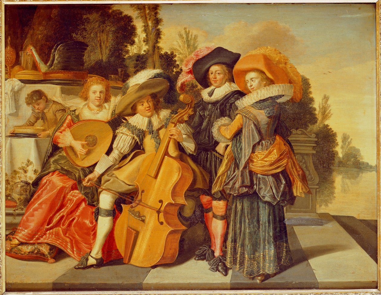 Eleganta figurer som gör musik på en terrass vid en sjö av Dirck Hals