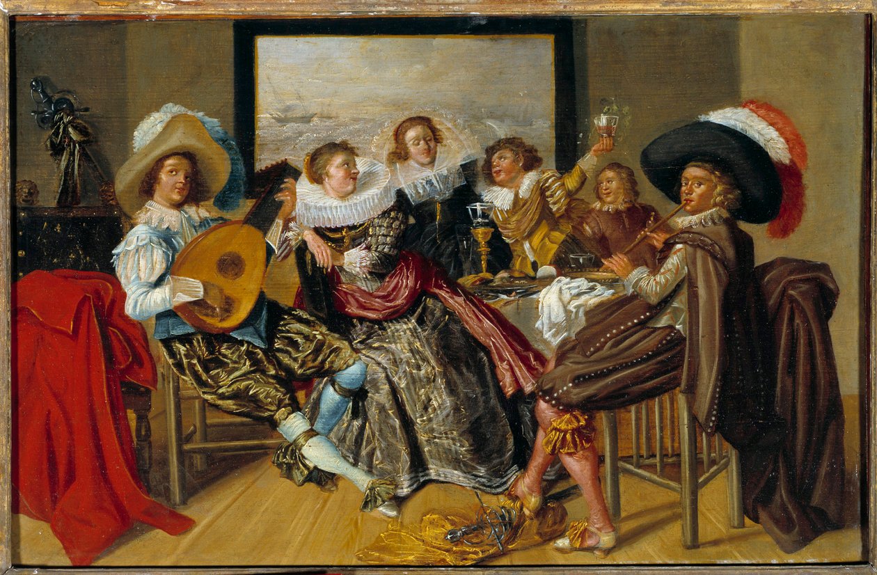 Galant möte Musiker och unga kvinnor spelar musik och höjer sina glasögon på en fest. Målning av Dirk Hals (1591-1656) 1625 Sön. 0,3x0,46 m av Dirck Hals