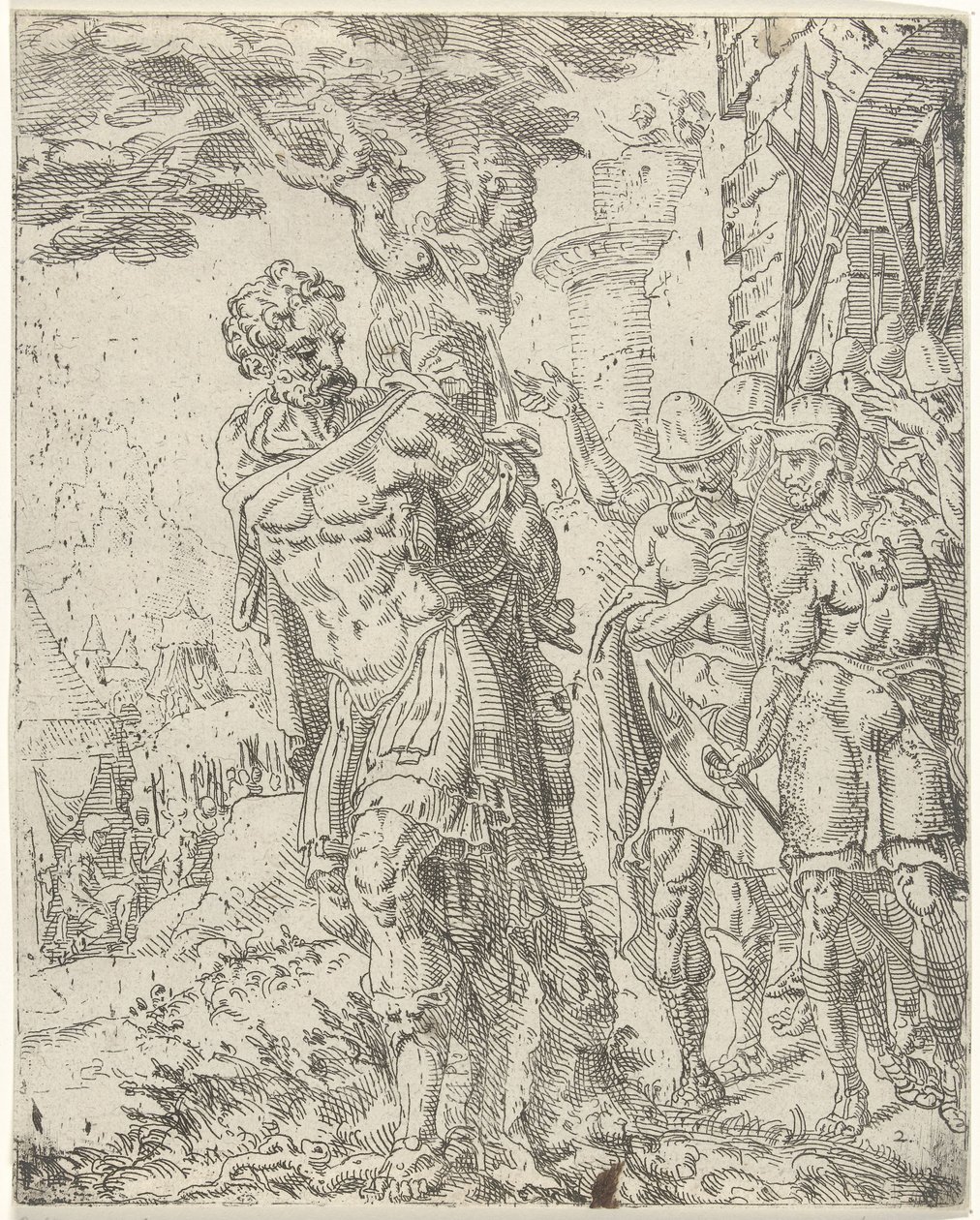 Achior bunden till ett träd Judit och Holofernes (serietitel) av Dirck Volckertsz. Coornhert (attributed to)