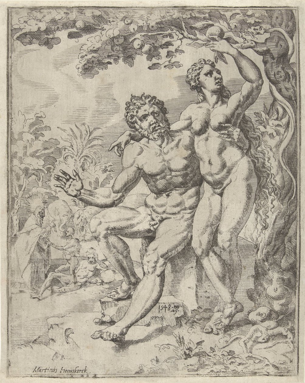 Adam och Eva skördar den förbjudna frukten Mänsklighetens fall och återlösning genom Kristi liv och lidande (serietitel) av Dirck Volckertsz. Coornhert (attributed to)