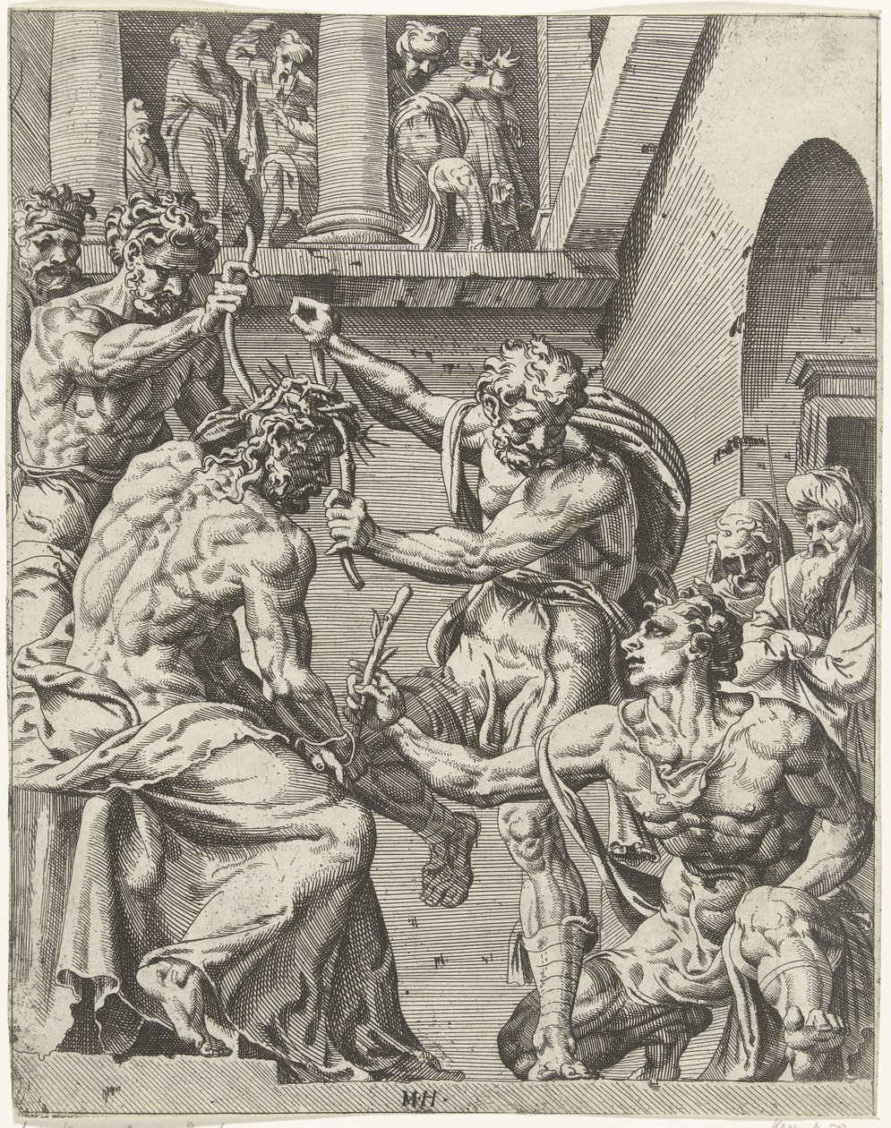 Kristus kröns med törnekronan Mänsklighetens fall och återlösning genom Kristi liv och lidande (serietitel) av Dirck Volckertsz. Coornhert (attributed to)