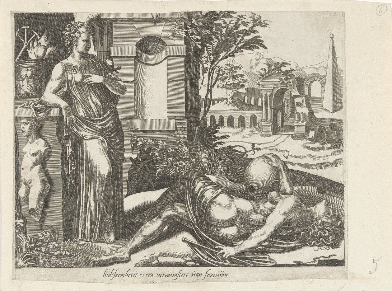 Förmögenhet gynnar inte dem som somnar; Tålamod som Victor of Fortune Tålamod erövrar lyckan Liidsaemheiit es a gainer of fortunne (titel på objekt) Ordspråk om Fortuna (serietitel) av Dirck Volckertsz. Coornhert (attributed to)