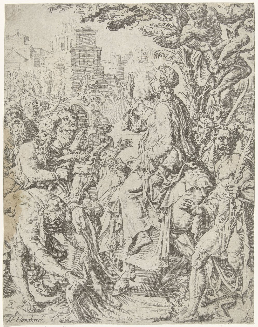Inträde i Jerusalem Mänsklighetens fall och återlösning genom Kristi liv och lidande (serietitel) av Dirck Volckertsz. Coornhert (attributed to)