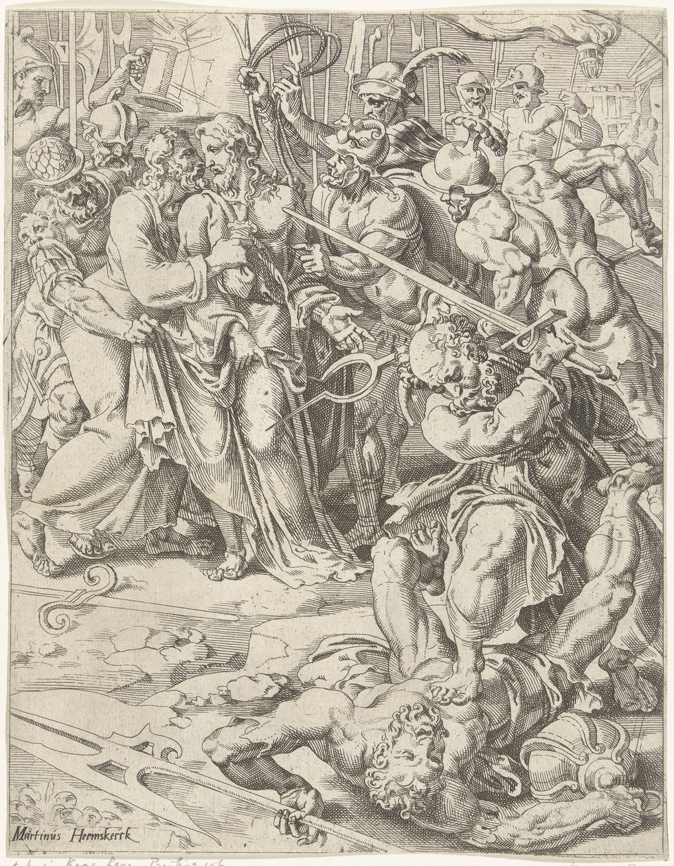 Judas kyss och arrestering av Kristus Fall och mänsklighetens återlösning genom Kristi liv och lidande (serietitel) av Dirck Volckertsz. Coornhert (attributed to)