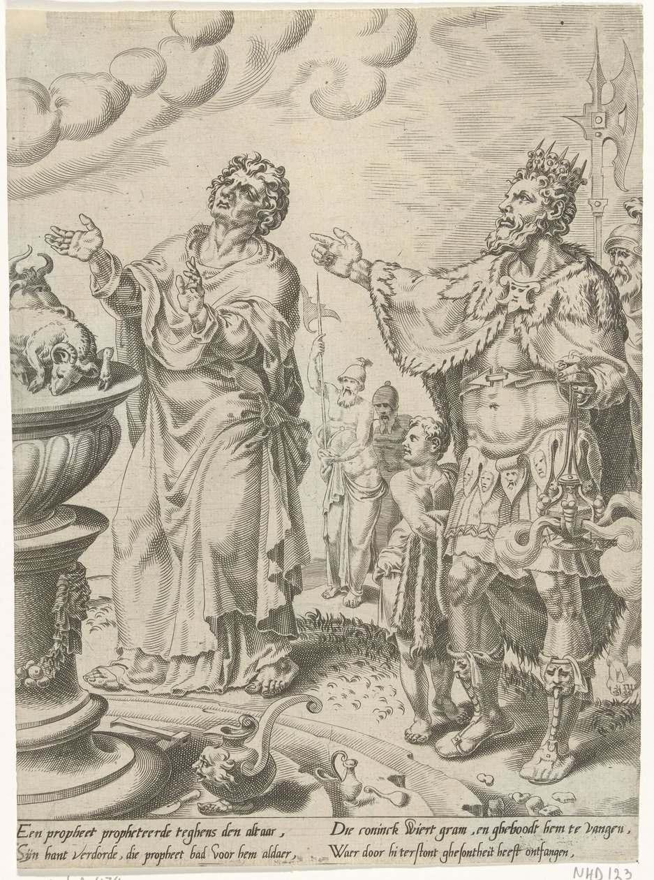 kung Jerobeam och gudsmannen framför altaret Story of the Disobedient Man of God (serietitel) av Dirck Volckertsz. Coornhert (attributed to)