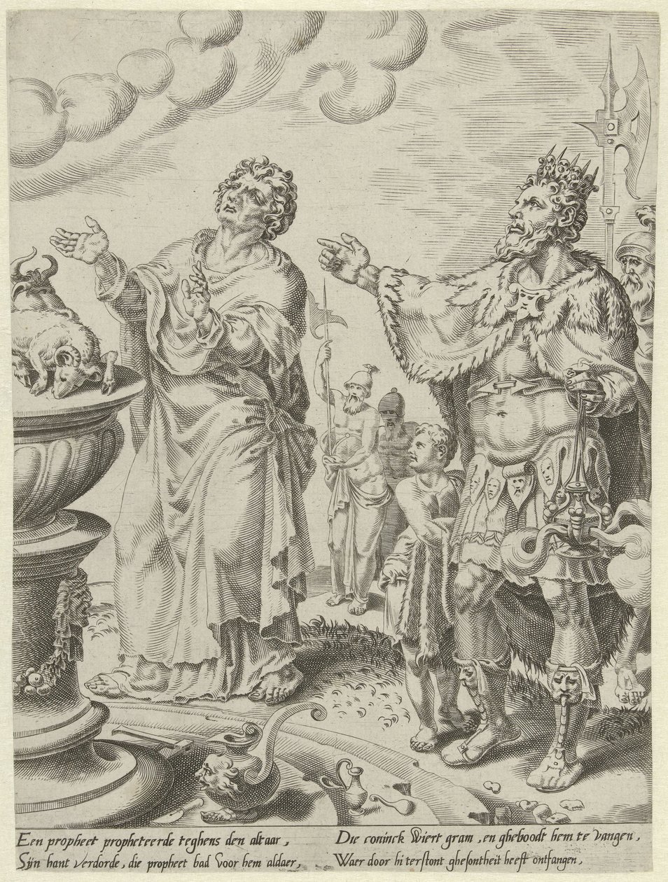 kung Jerobeam och gudsmannen framför altaret Story of the Disobedient Man of God (serietitel) av Dirck Volckertsz. Coornhert (attributed to)