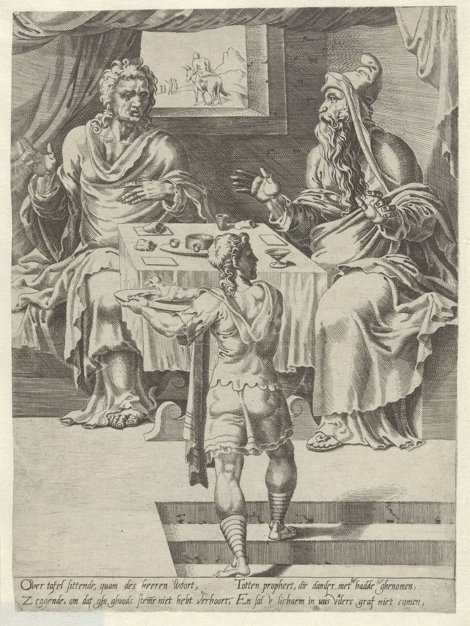 Måltid av gudsmannen och den gamle profeten Story of the Disobedient Man of God (serietitel) av Dirck Volckertsz. Coornhert (attributed to)