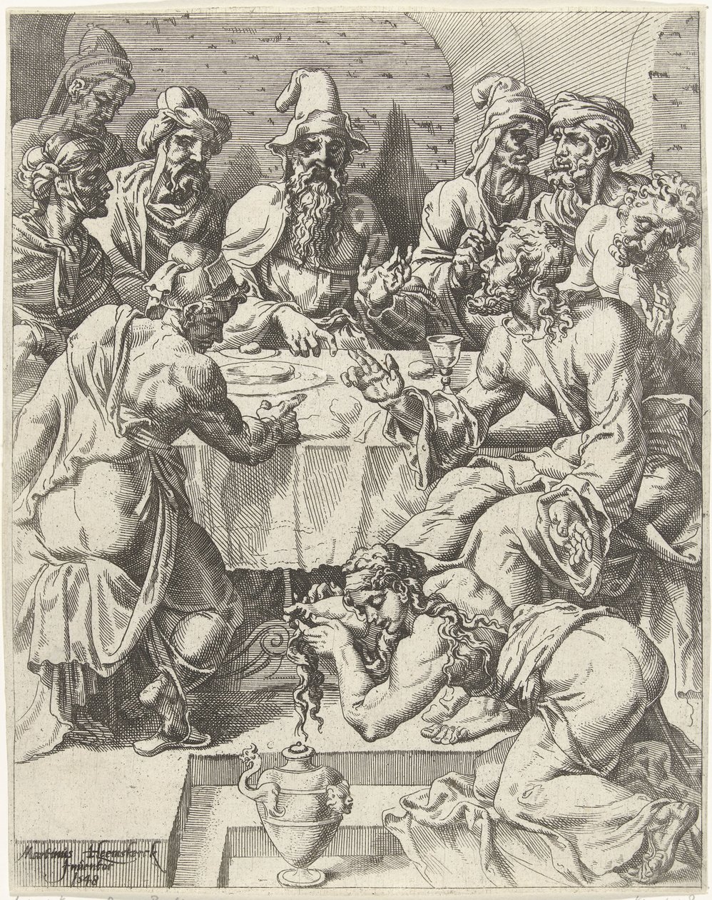 Maria Magdalena tvättar Kristi fötter Mänsklighetens fall och återlösning genom Kristi liv och lidande (serietitel) av Dirck Volckertsz. Coornhert (attributed to)