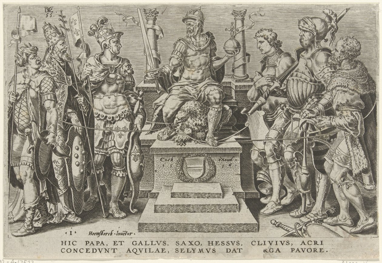 Kejsar Karl V omgiven av sina besegrade motståndare Victories of Charles V (serietitel) Divi Caroli. V. imp. välja. max. victoriae, ex multis praecipuae (serietitel) av Dirck Volckertsz. Coornhert
