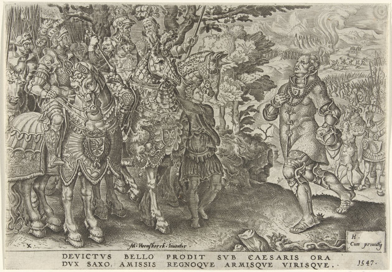 Överlämnande av hertigen av Sachsen på slagfältet i Mühlberg, 1547 Victories of Charles V (serietitel) Divi Caroli. V. imp. välja. max. victoriae, ex multis praecipuae (serietitel) av Dirck Volckertsz. Coornhert
