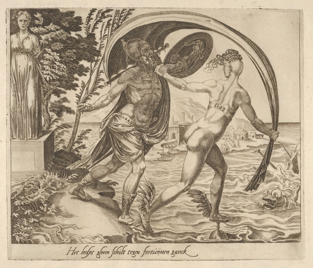 En sköld är till ingen nytta när Fortune vänder ryggen till från sex ordspråk om Fortune, ca. 1560. av Dirck Volkertsen Coornhert
