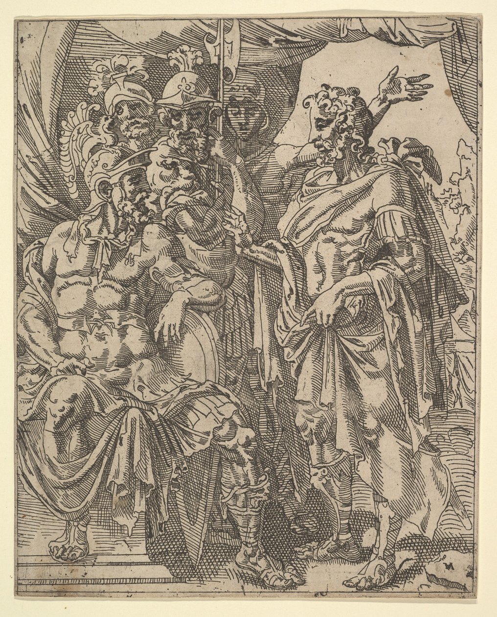 Achior vädjar till Holofernes för israeliterna, från The Story of Judith and Holofernes. av Dirck Volkertsen Coornhert