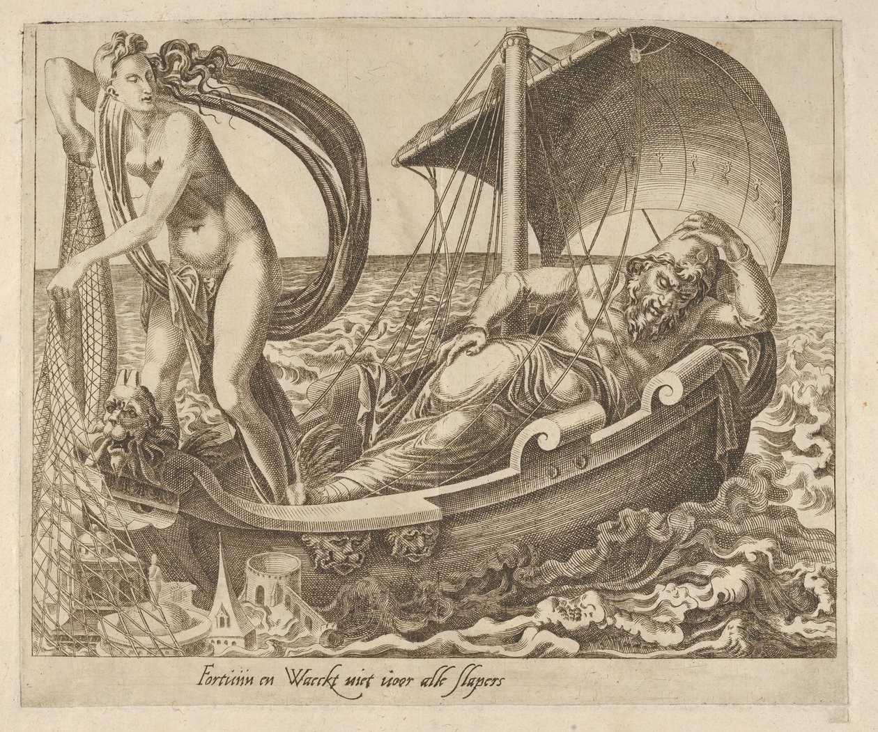 Fortune vakar inte över alla sovande från sex ordstäv om Fortune, ca. 1560. av Dirck Volkertsen Coornhert