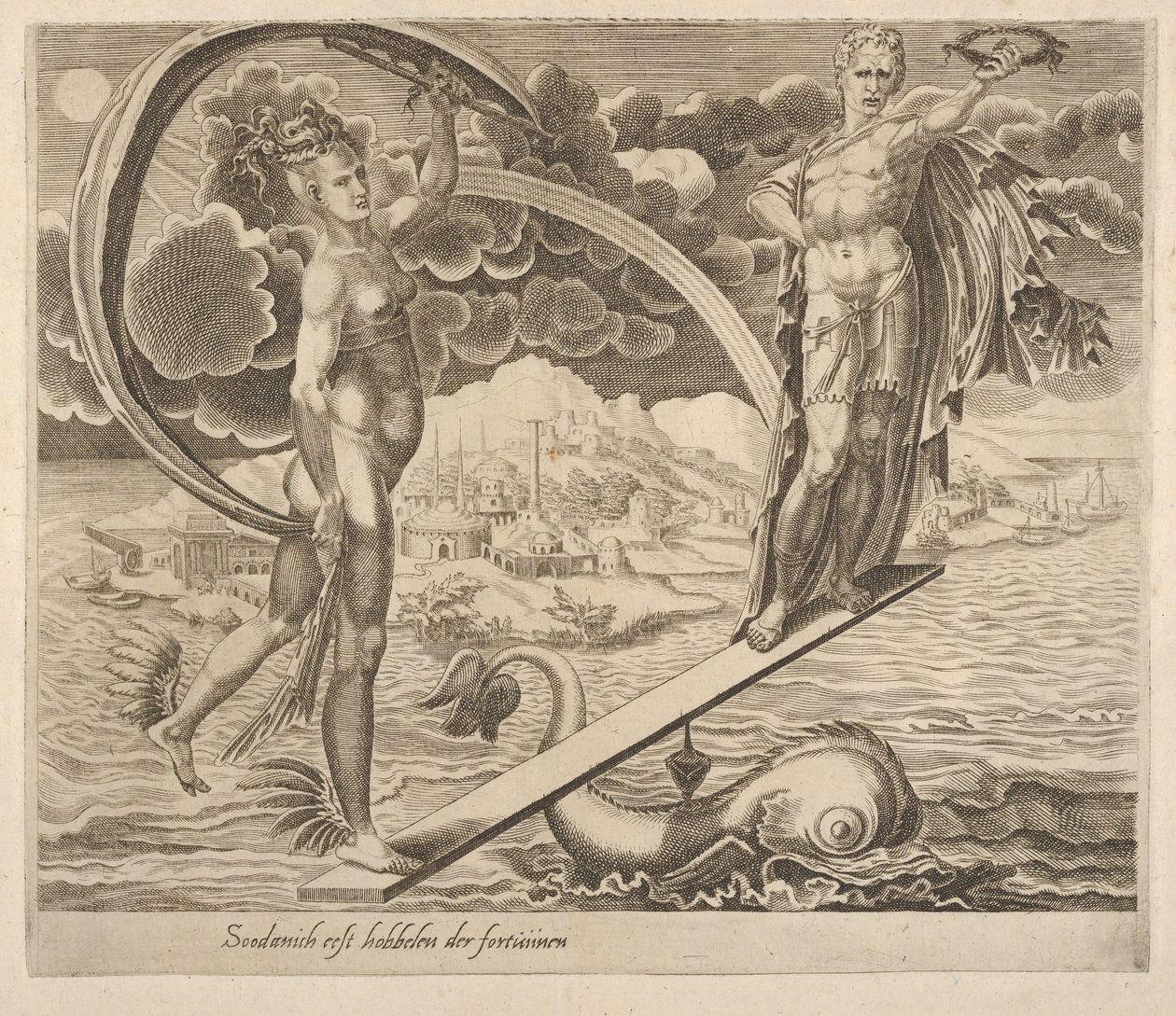 Fortune Using Man as a Plaything från Sex Sayings about Fortune, ca. 1560. av Dirck Volkertsen Coornhert